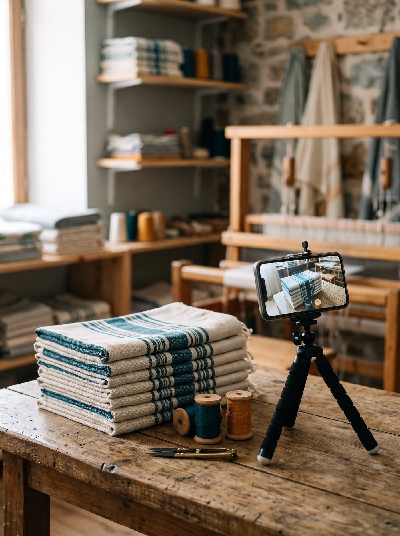 Tezgâhta katlanmış çizgili peştemaller ve onları tripod üzerindeki telefonla fotoğraflayan kurulum.