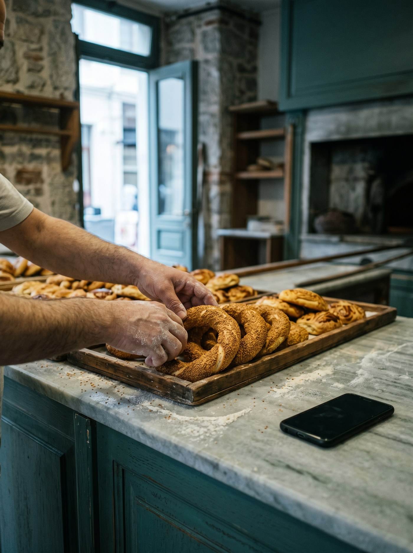 Mahalle fırınında tepsiye simit dizen bir fırıncının elleri.